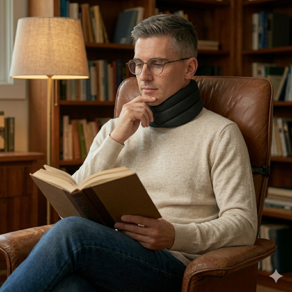 Homem usando o suporte cervical Zen Sleep