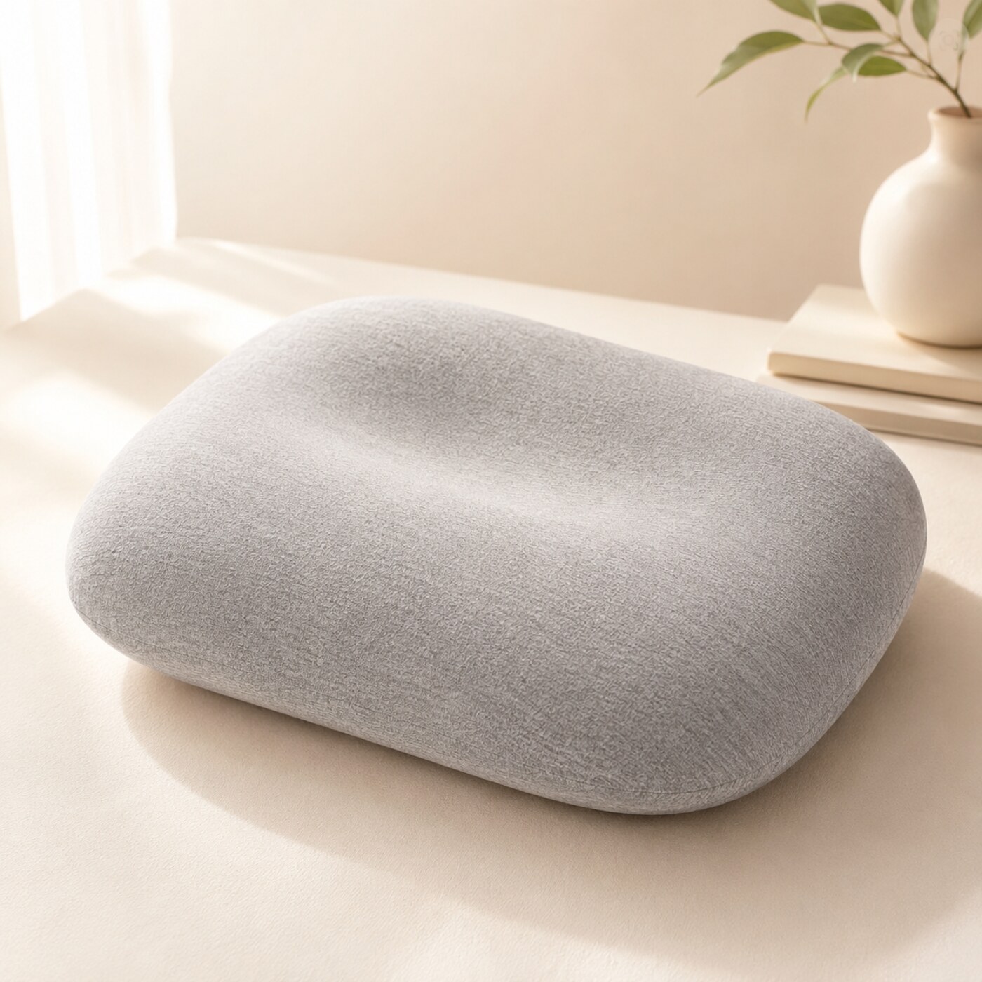Almofada ergonômica multifuncional cinza em tecido macio sobre superfície clara