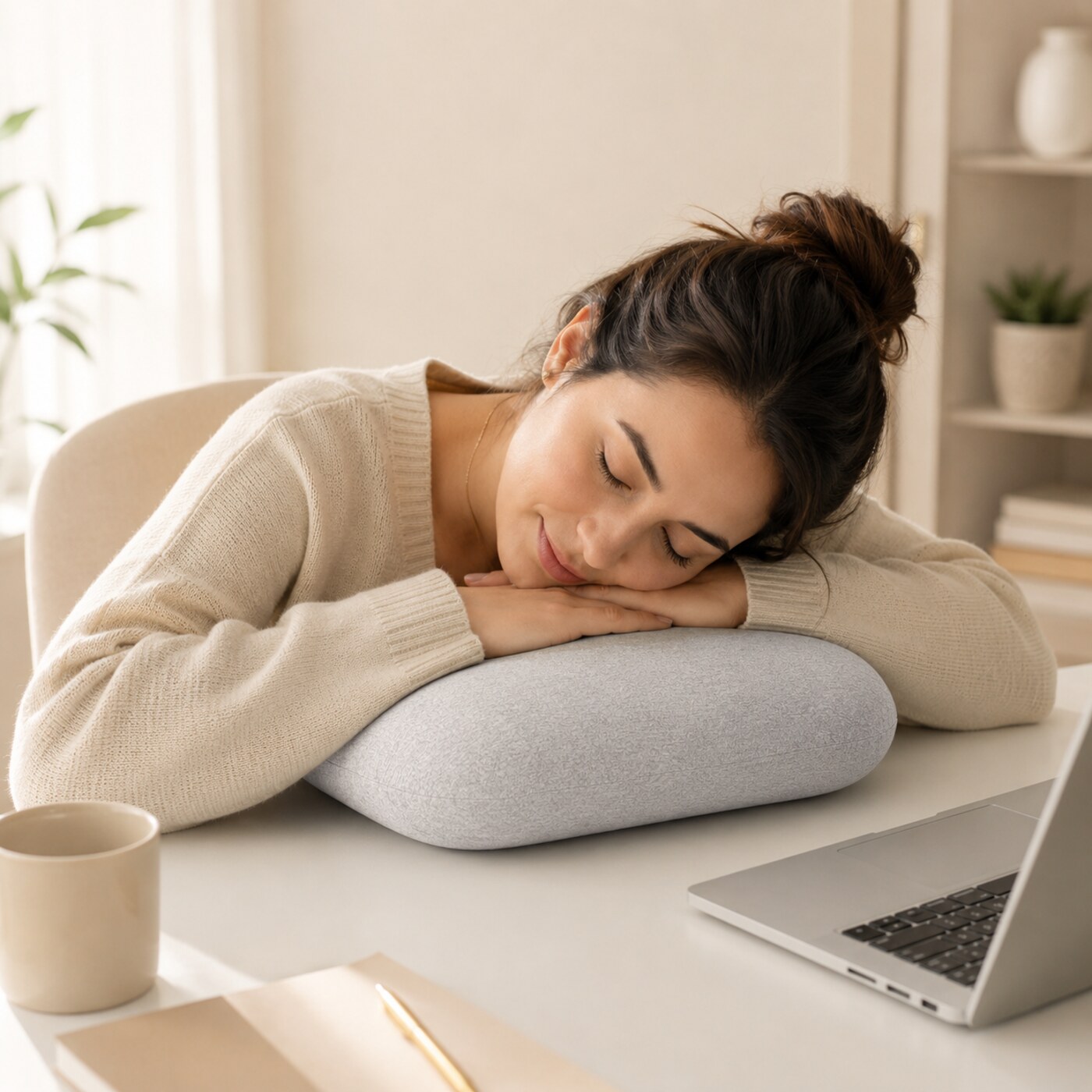 Almofada ergonômica multifuncional cinza em tecido macio sobre superfície clara