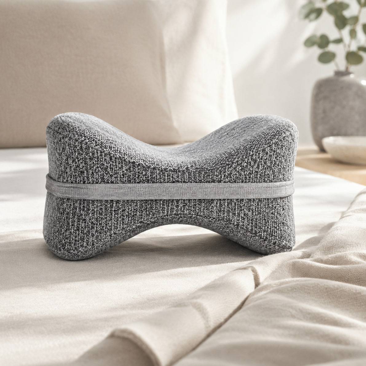 Almofada ortopédica triangular cinza em memory foam para pernas e joelhos