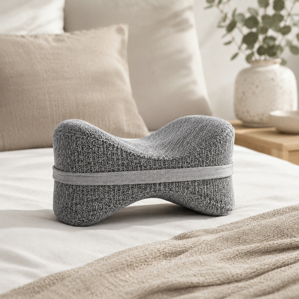Almofada ortopédica triangular cinza em memory foam para pernas e joelhos