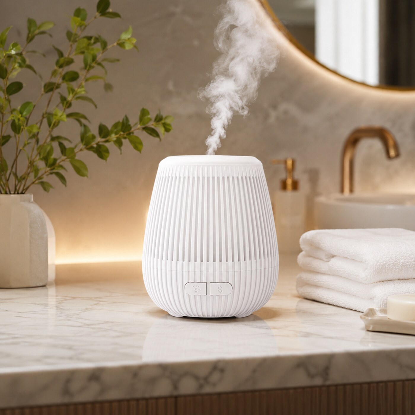 Difusor ultrassônico branco com vapor em ambiente claro e aconchegante