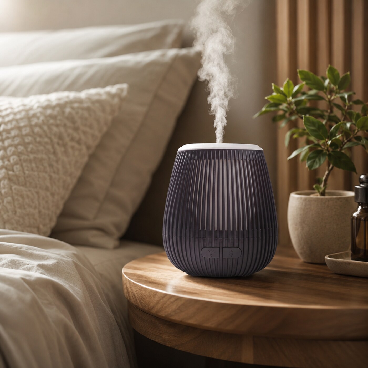 Difusor ultrassônico preto com vapor sobre superfície clara em ambiente natural