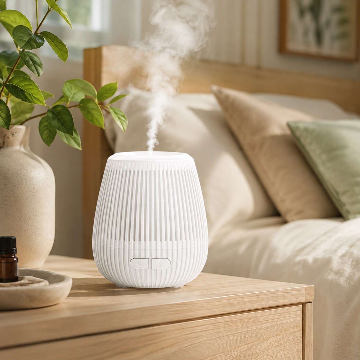 Difusor ultrassônico branco com vapor em ambiente claro e aconchegante
