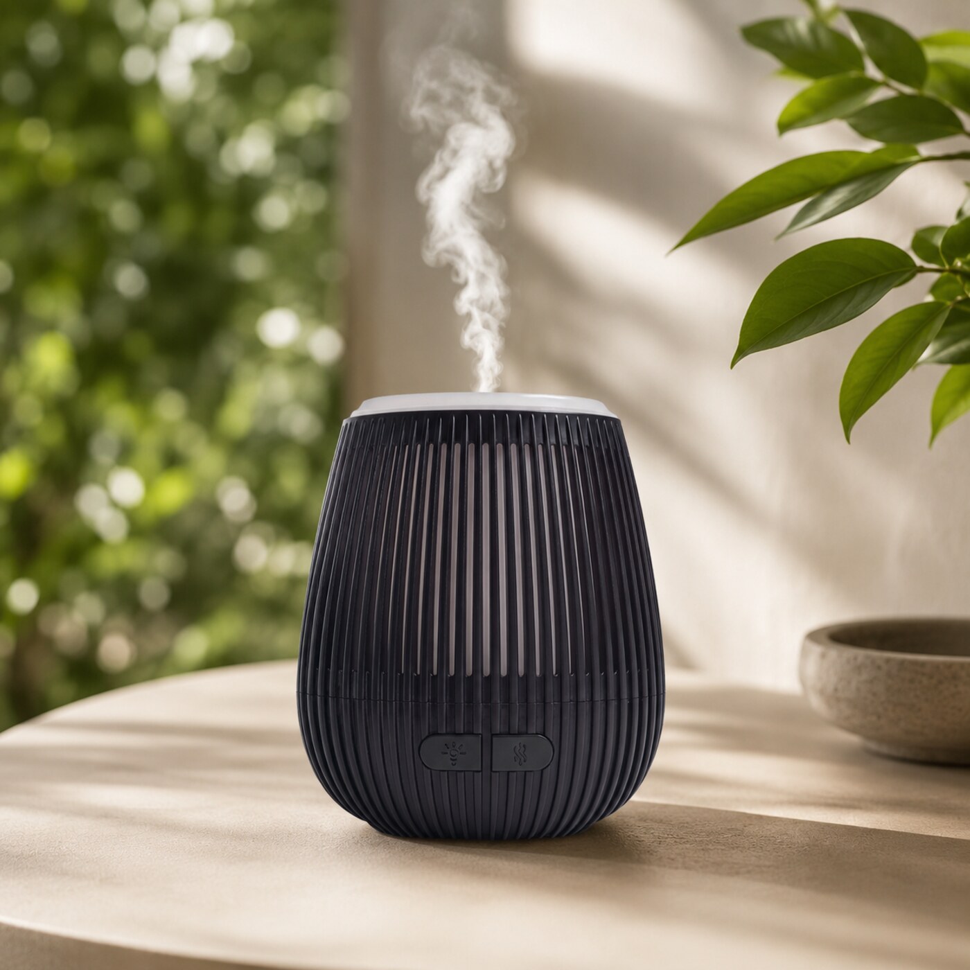 Difusor ultrassônico preto com vapor sobre superfície clara em ambiente natural