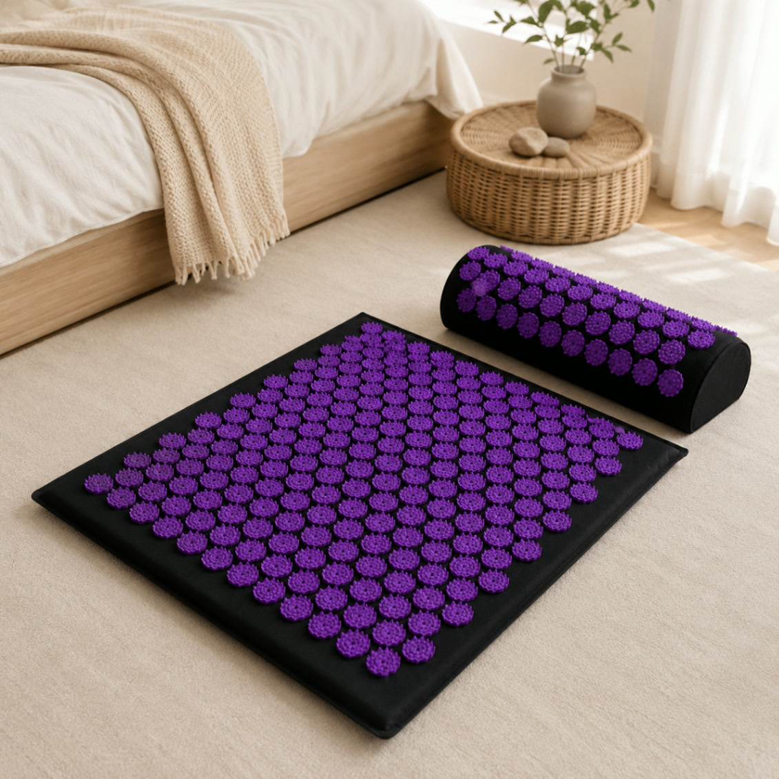 Kit tapete de acupressão roxo com almofada cervical para relaxamento