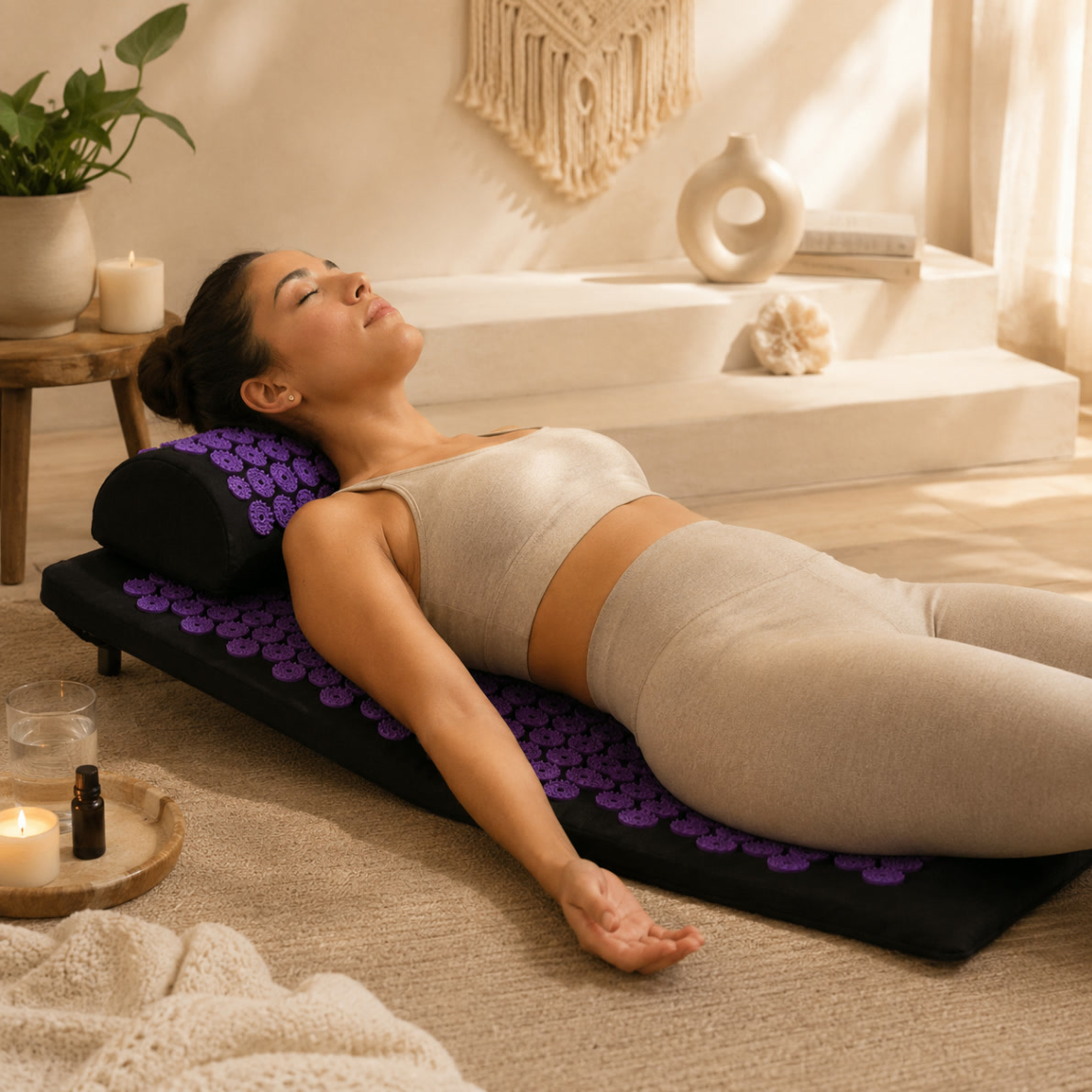 Kit tapete de acupressão roxo com almofada cervical para relaxamento