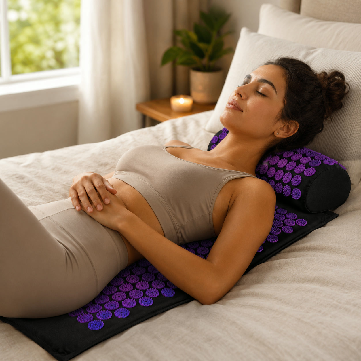 Kit tapete de acupressão roxo com almofada cervical para relaxamento