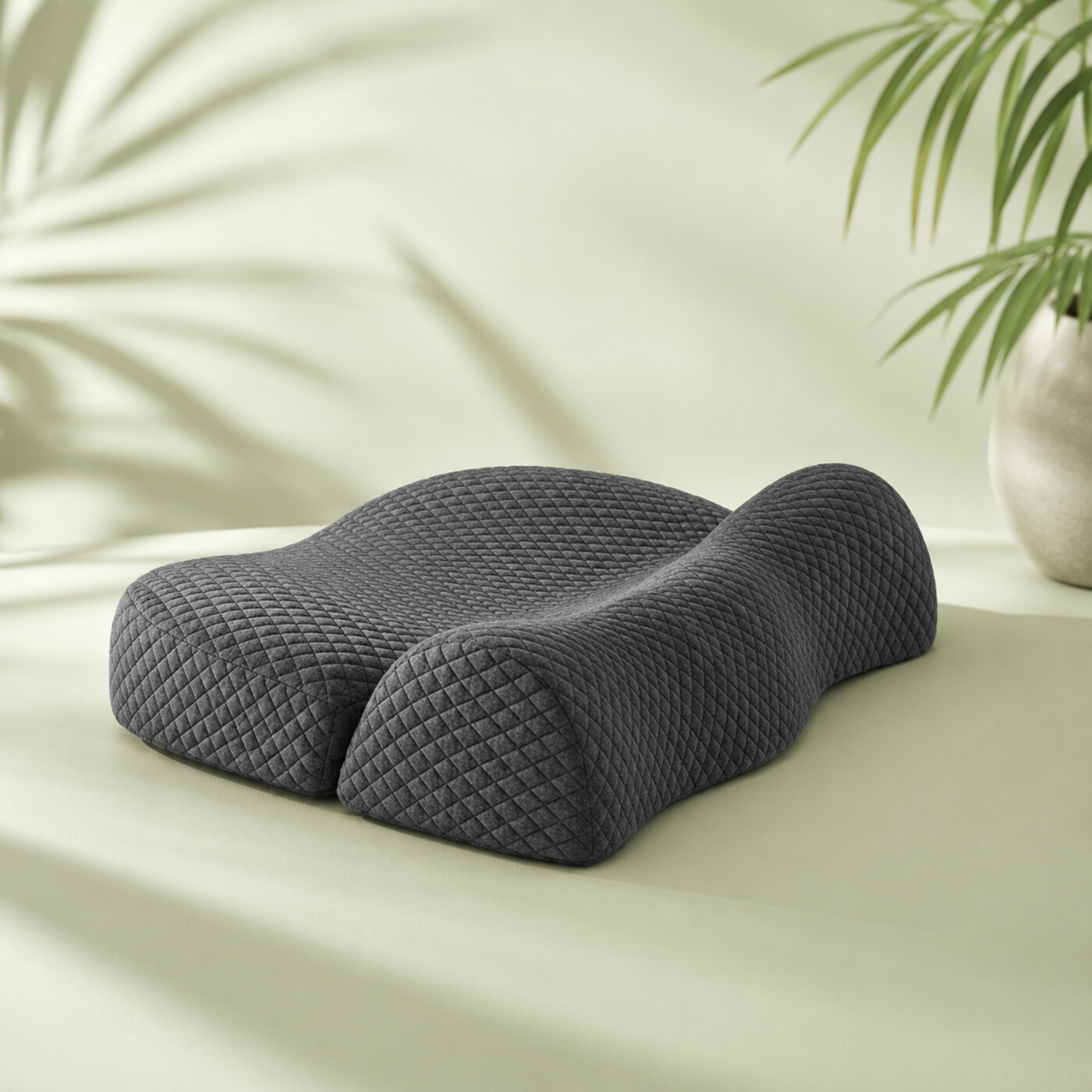 Travesseiro cervical cinza com contorno ergonômico sobre superfície clara