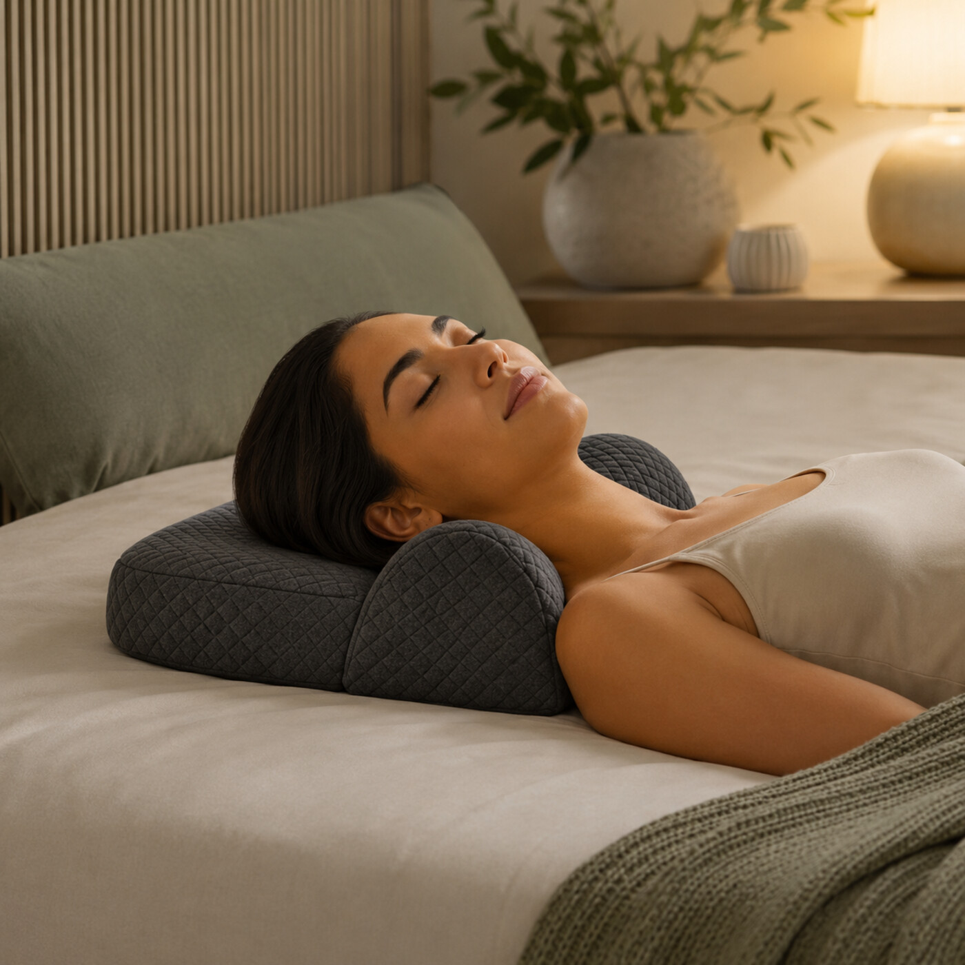 Travesseiro cervical cinza com contorno ergonômico sobre superfície clara