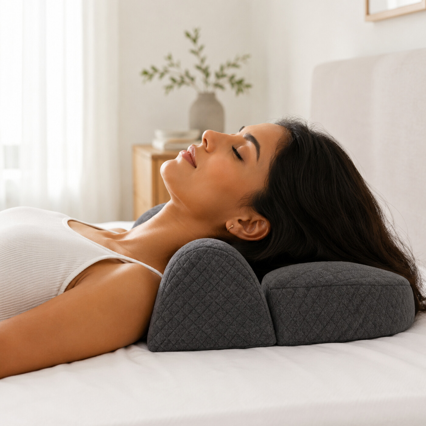 Travesseiro cervical cinza com contorno ergonômico sobre superfície clara
